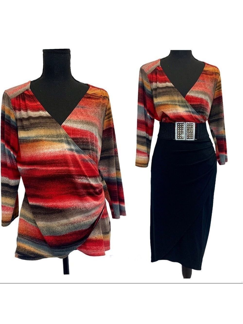 LAURA Petites multicoloured longsleeve wrap blouse Sz L stretchy